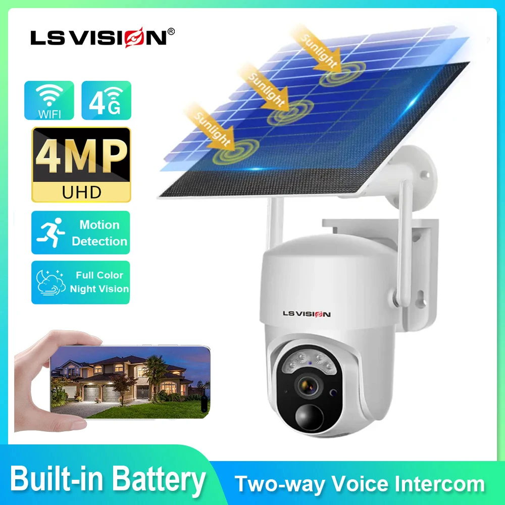 LS VISION 4G SIM Solar Camera 2K WiFi Outdoor Wireless Solar Panel PIR Human Detection Secutity Cam Ubox