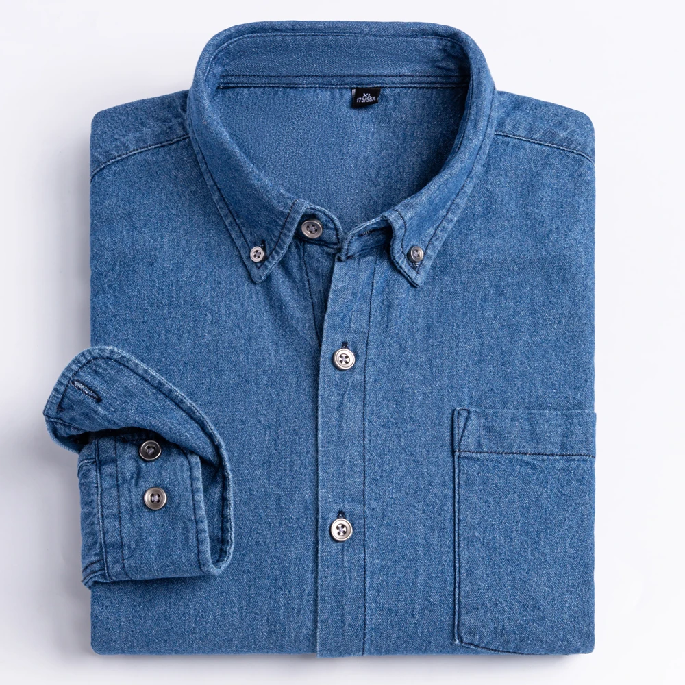 Męska 100% bawełna Western Denim koszula z kieszeniami z długim rękawem Standardowy krój Komfort Trwałość Miękkie, codzienne, sprane, trwałe koszule robocze