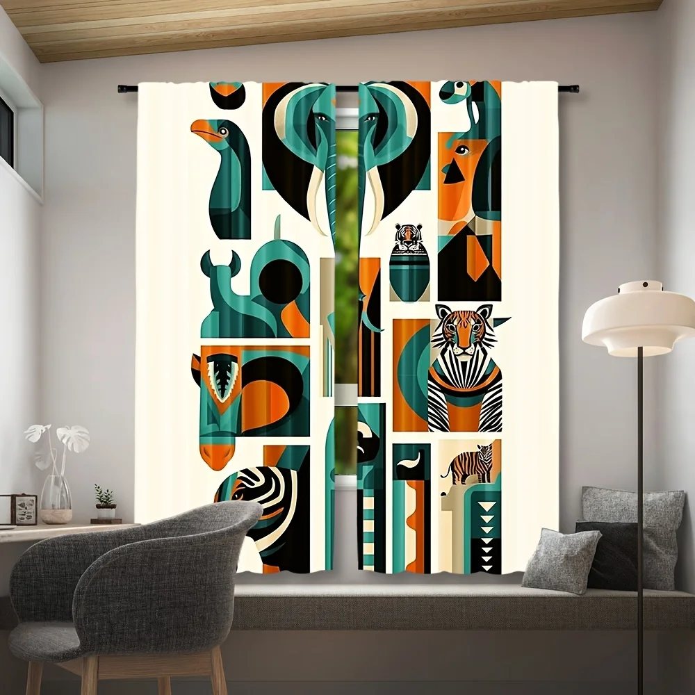 Geometric Safari Animal Blackout Rod Pocket Curtain Elephant Tiger Zebra Decor Jungle Homestay Living Rest Bay Window
