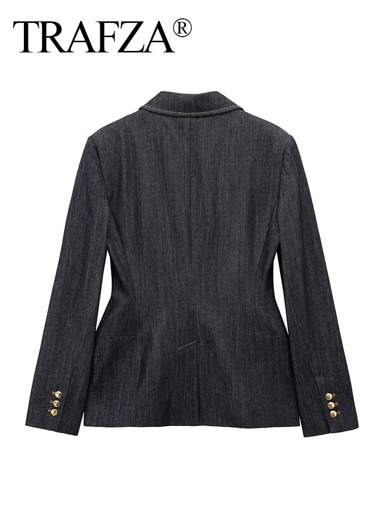 TRAFZA 2025 Lente Denim Blazer Voor Vrouwen Mode Trend Effen Slanke Single Breasted Jas Vrouw Chic Veelzijdige Vrouwelijke Jas Top