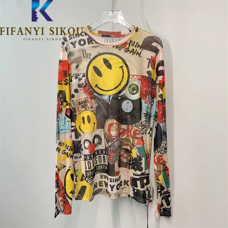 Graffiti Print T-Shirt Women High Stretch Ice Silk O-Neck Long Sleeve T Shirt Female Casual Fashion Summer Tees Sunscreen Tops