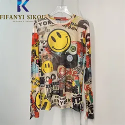 Graffiti Print T-Shirt Women High Stretch Ice Silk O-Neck Long Sleeve T Shirt Female Casual Fashion Summer Tees Sunscreen Tops