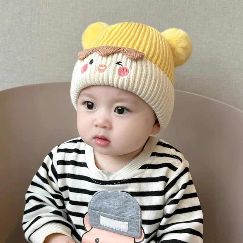 Cute Plush Ball Infant Knitted Hat Winter Warm Beanies 6-24M Boy Girl Kids Thick Woolen Ear Protection Cap Cartoon Baby Bonnet