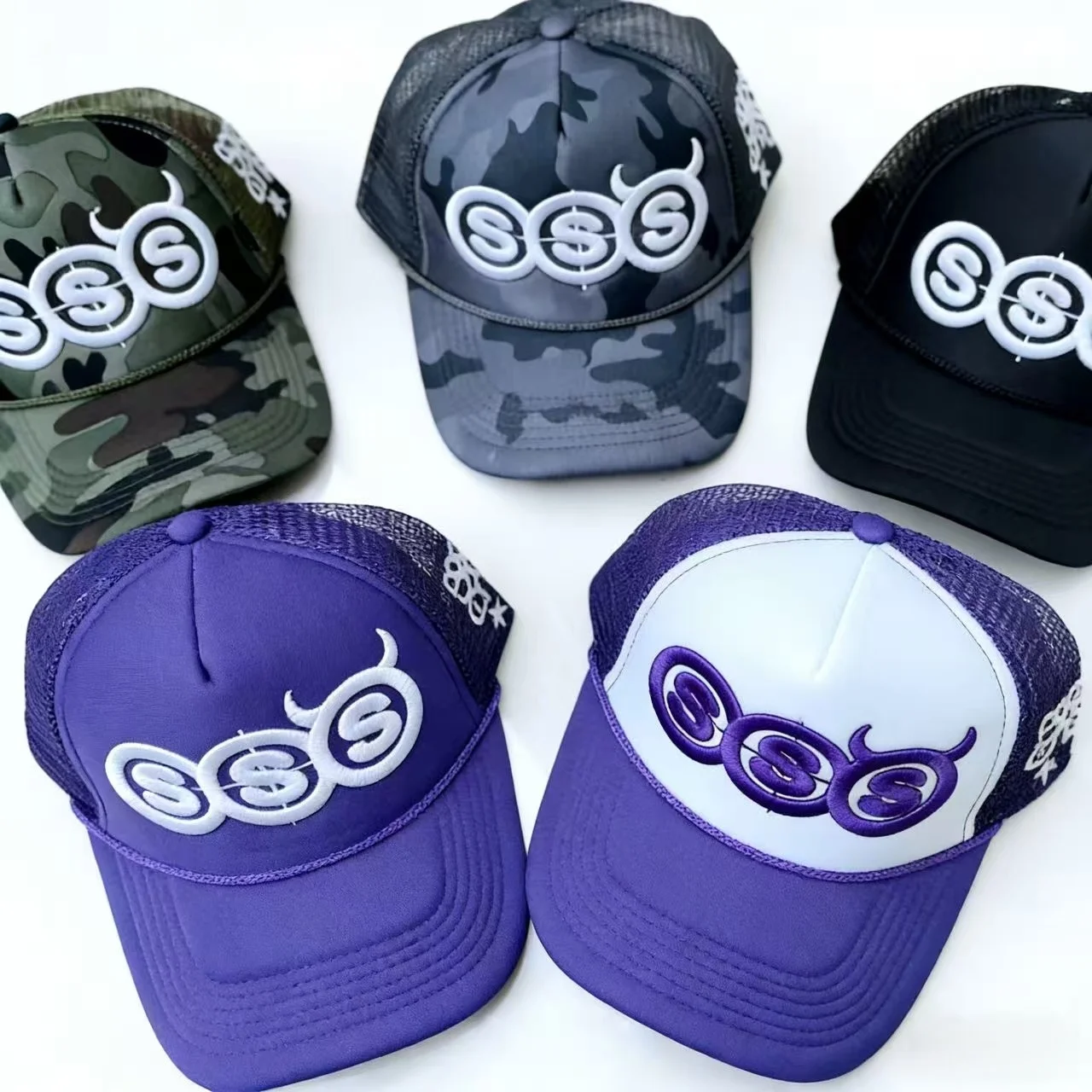 Gorra de béisbol con visera de verano SSS Devil Horn para hombre, estilo hip-hop, bordada, con visera de sol, ajustable, tipo trucker de malla