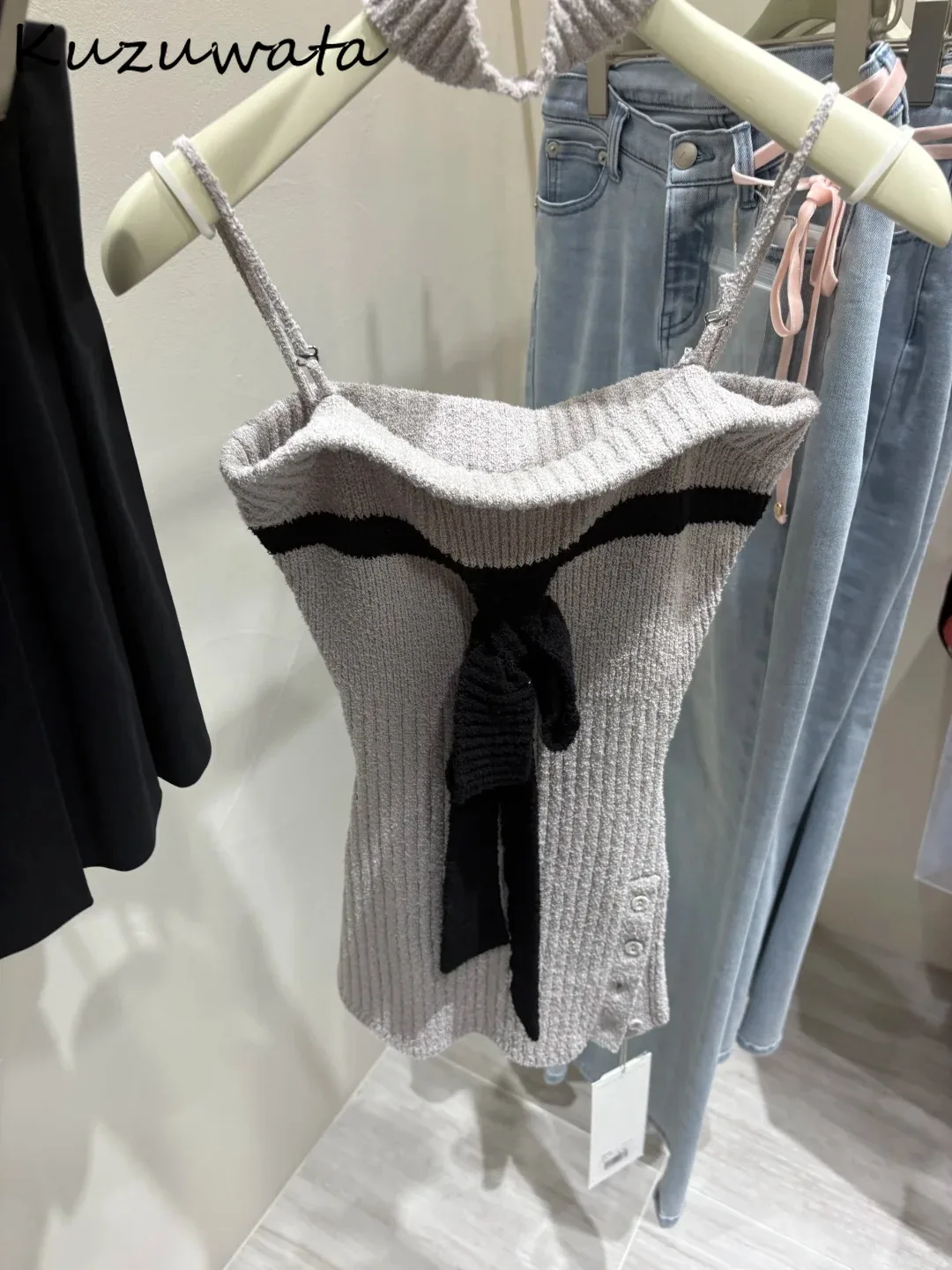 

Kuzuwata 2025 Summer New Sweet Slim Tanks Bow Lace Up Knit Scarf Spice Girls Panelled Camis Japan Age Reduction Short Women Vest