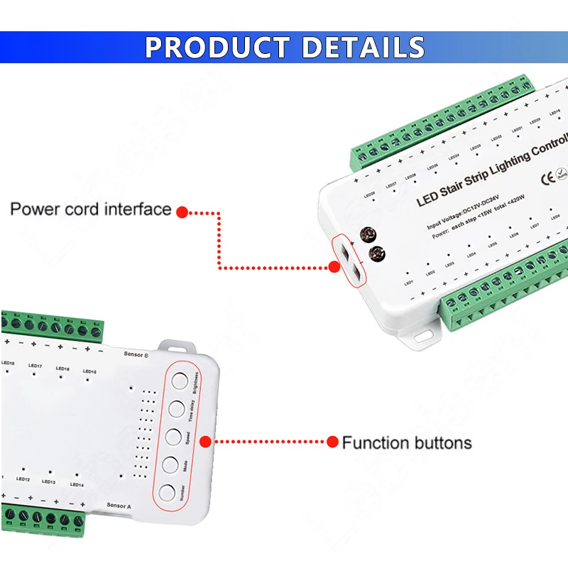 28 Steps Stair Lighting Controller With PIR Motion Sensor 28 Channels Stair LED Lamp Strip Dimmer DC12V 24V 420W With IR Remote