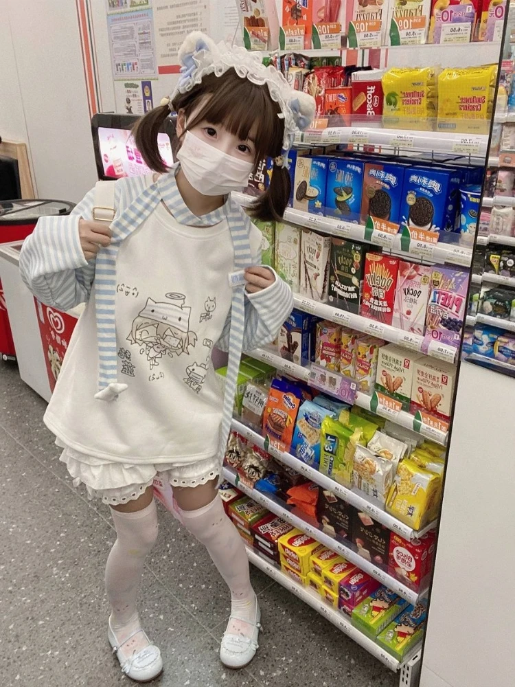 Harajuku Kawaii كم طويل تي شيرت المرأة عادية الكرتون طباعة مخطط الأعلى الحلو اليابانية لطيف ربيع الخريف 2025 وصول جديد #6