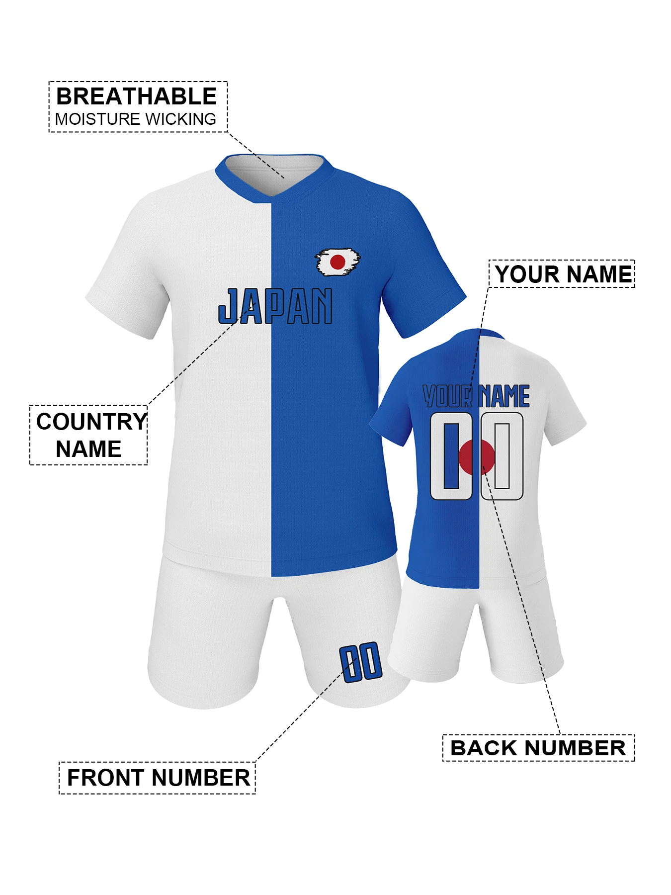 Customized Kids Japan Soccer Kit Personalized Football Set with Name & Number, Breathable National Team Training Uniform