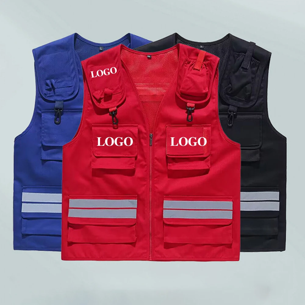 Op maat gemaakt logo reflecterend veiligheidsvest Hoge zichtbaarheid werkkleding voor heren Constructie Multi Pocket Rood Outdoor Rescue veiligheidsjack