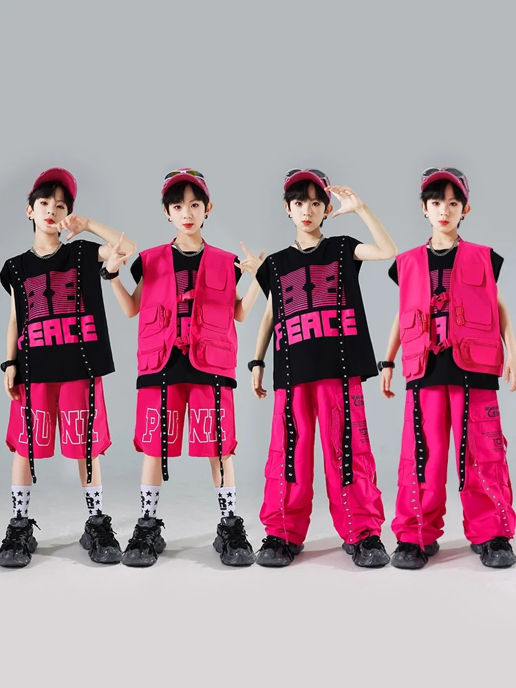 Kids Hip Hop Dance Clothes Girls Boys Loose Rose Pink Vest Pants Break Street Dance Costume Hiphop Competition Clothing BL13475