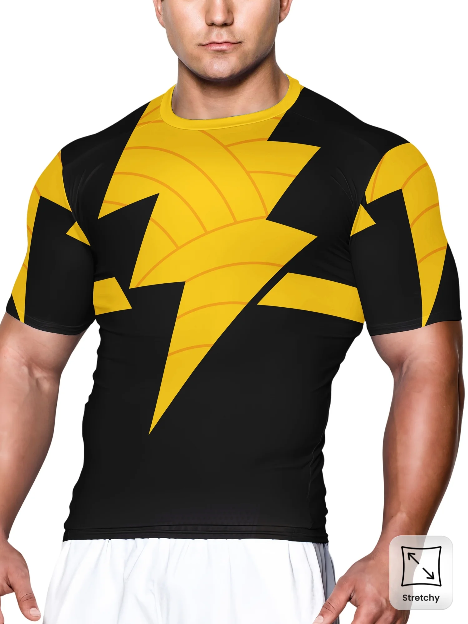 Men High Elastic Quick Dry Sports Compression Shirt Lightning Print Short Sleeve Top for Training Running