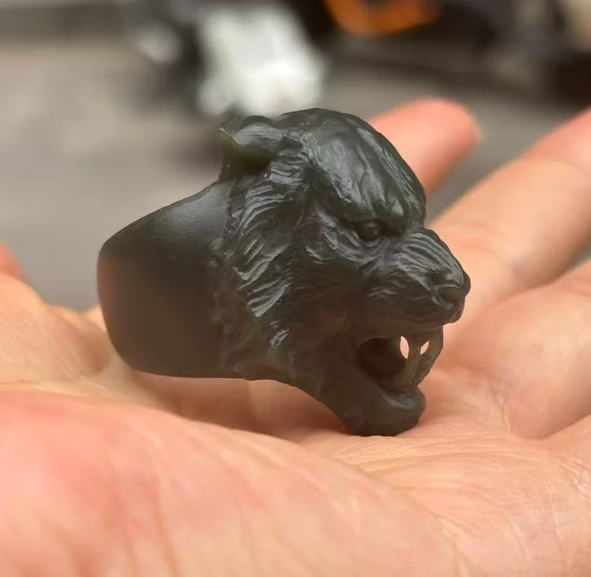 Natural High-quality Hetian Jade Hand Carved lion Ring Delicate jade Men Handring Fine Jewelry Add certificate
