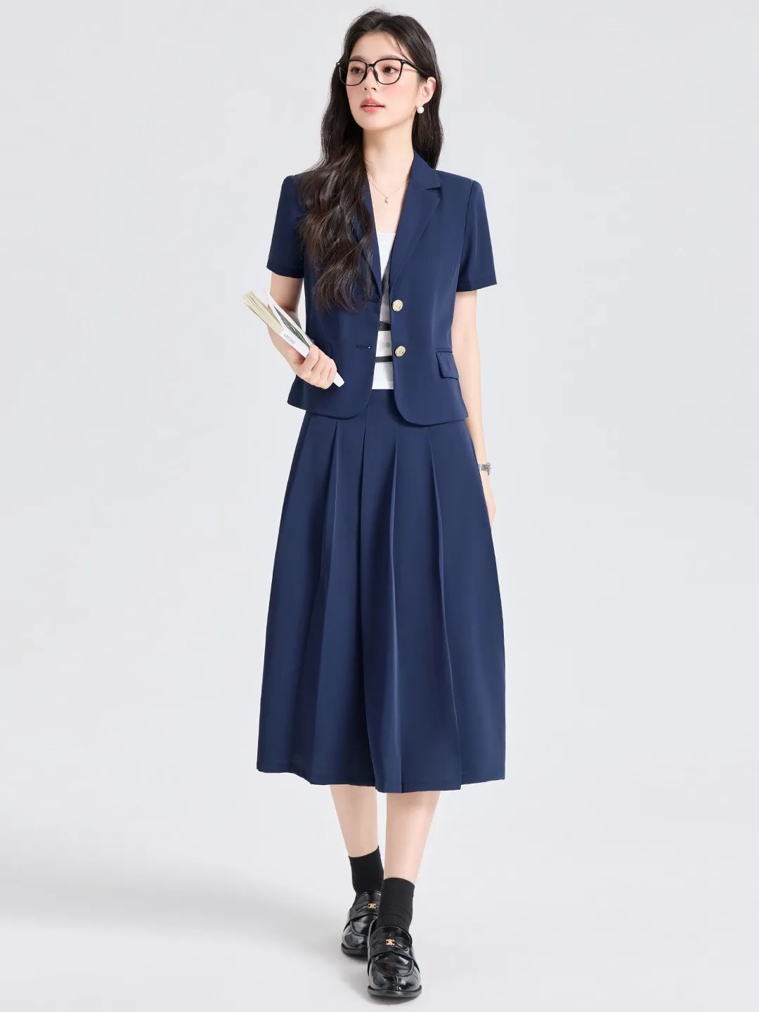 Women's Summer Thin Short Sleeve Suit Set Professional Interview Commute Outfit Breathable Polyester Fiber round Hemline