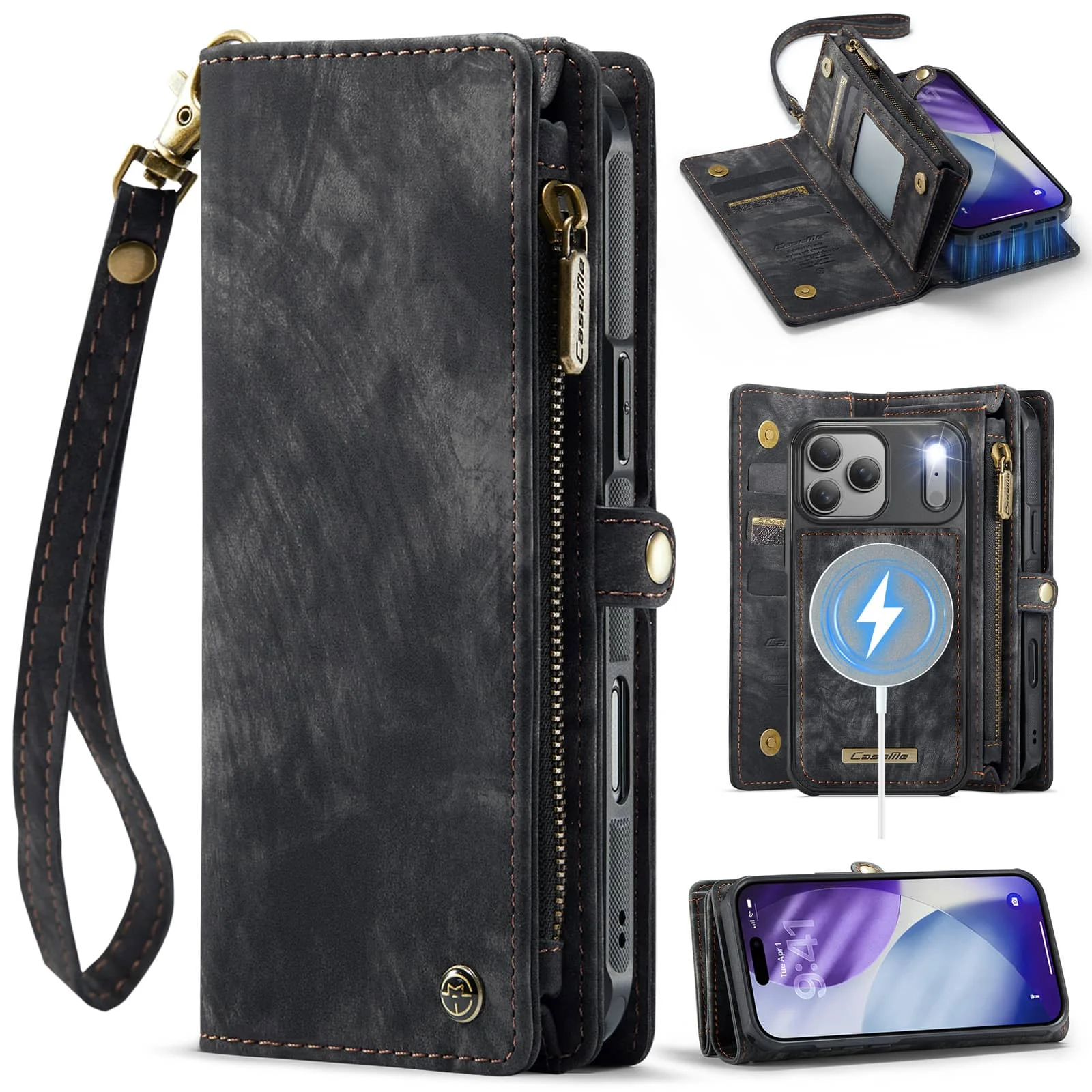 Für iPhone 18 Pro Max 18 Pro Hülle Magnetisch 2-in-1 Abnehmbare Reißverschluss-Brieftasche Leder-Kartenhalter RFID-Riemen Flip-Cover für Frauen
