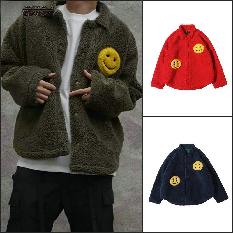 

Свободная толстовка из овечьей шерсти с утеплением, модный дизайн с улыбкой, молодежная повседневная куртка с длинными рукавами