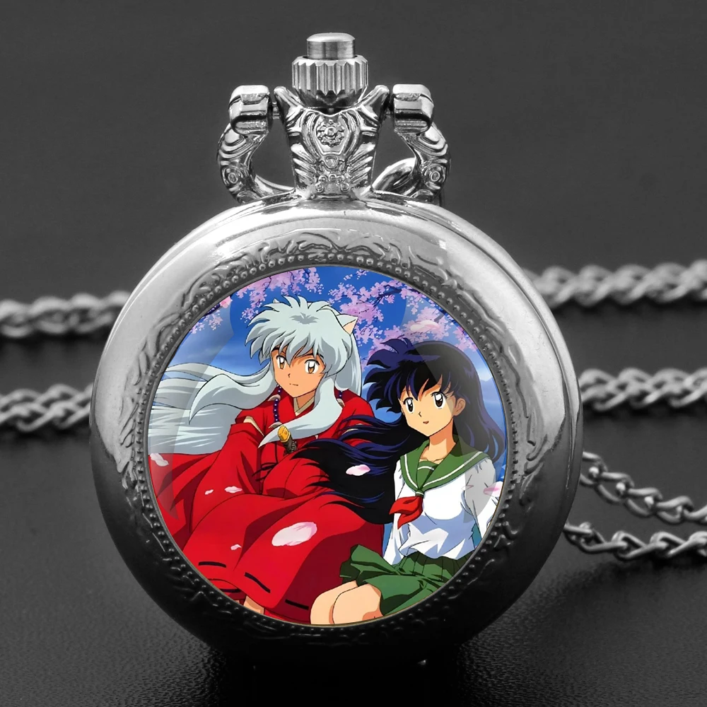 Anime Inuyasha Design Glass Dome Quartz Pocket Watch with Arabic Numeral Dial on Chain Ideal Present for Special Occasions