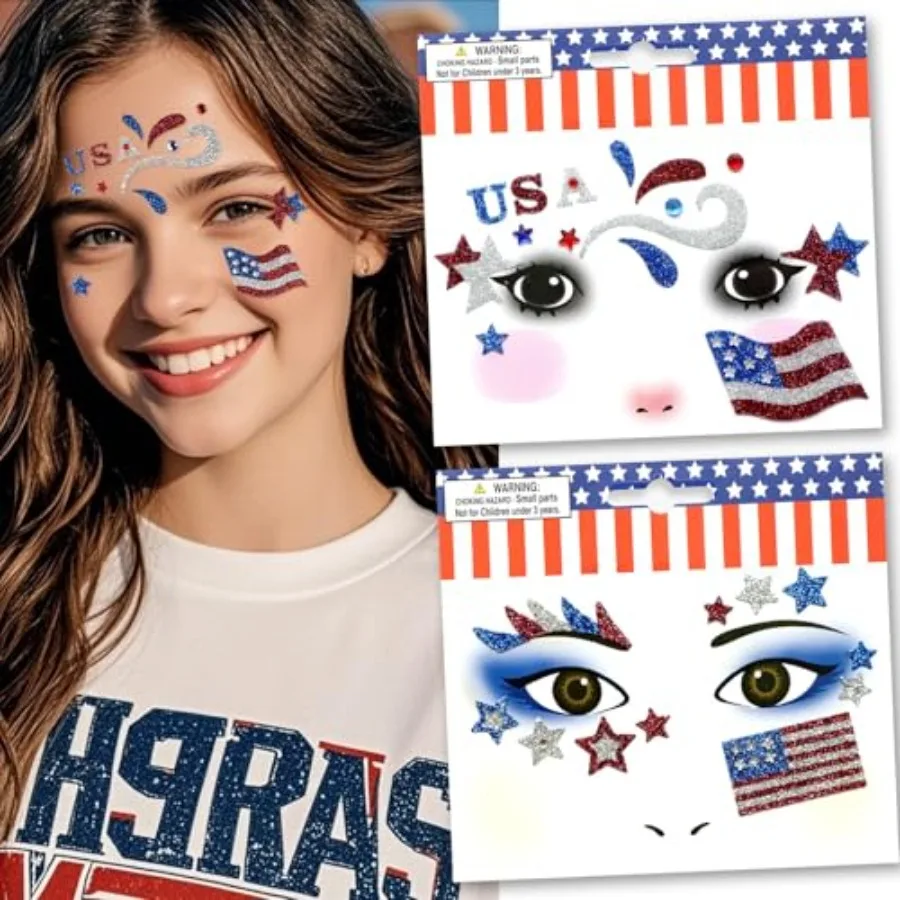 

4th of July Face Stickers Patriotic Star USA Flag Face Gems Face Jewels Glitter Self-Adhesive Red White Blue Star Temporary Tat