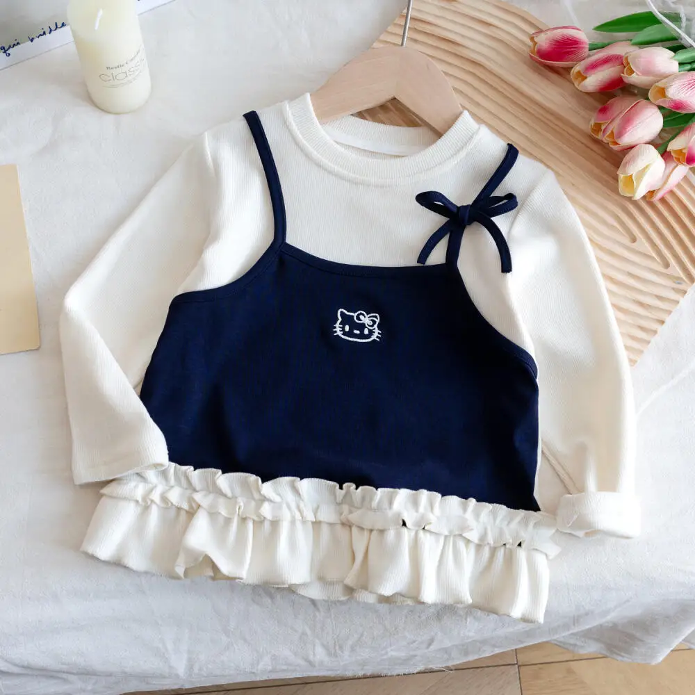 

Sanrio Hello Kitty Girls' New Fall Face Two-Piece Long Sleeve Top Sweet Princess Fashion T-Shirt All-Match Cute Casual Clothes