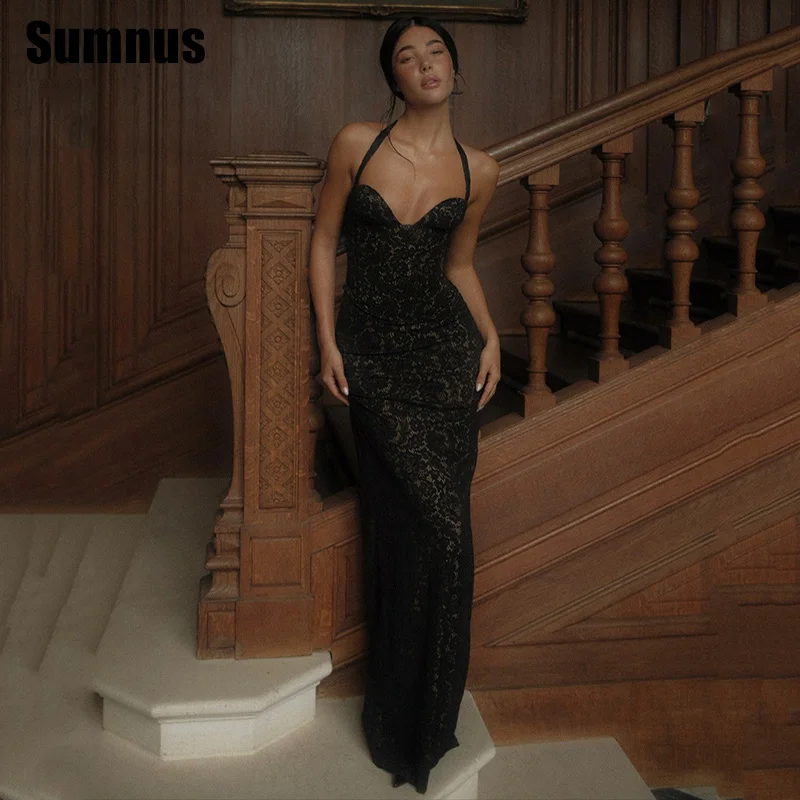 

Sumnus Modern Mermaid Black Prom Dresses Halter Sweetheart Sleeveless Lace Gala Dresses Floor Length Evening Dress Customized