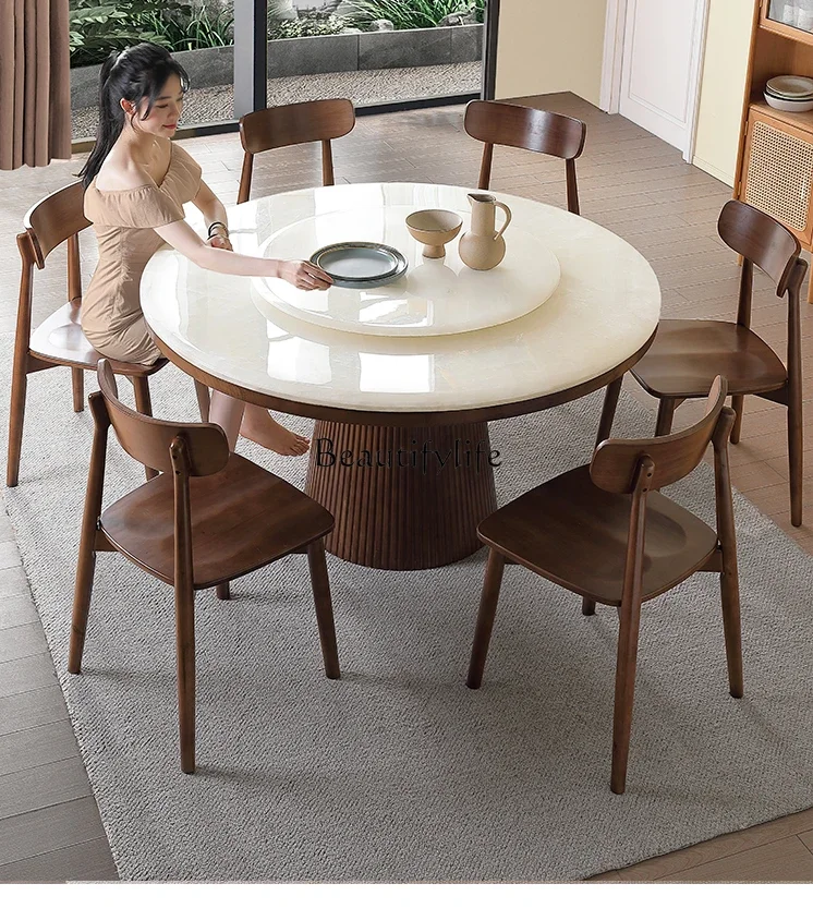 

FG11New Chinese Style White Wax Natural Marble White Ice Flower Jade Large round Dining Table and Chair