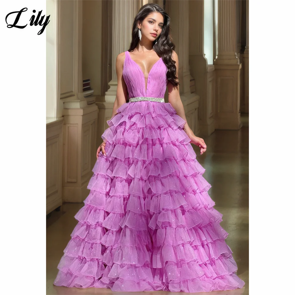

Lily Pink-Purple Elegant Deep V-Neck Party Dress with Tiered Ruffles & Rhinestone Waist Sleeveless Prom Dress 프롬 드레스 Customized