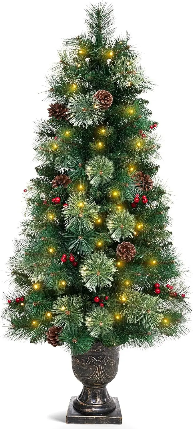 

4ft Pre-lit Artificial Christmas Tree with Gold Pot Base, Flocked, 70 Warm White LED Lights for Entrance & Home Holiday Decor