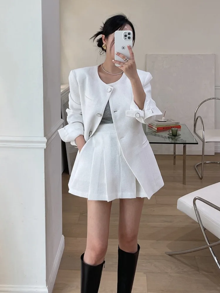 

Chic Autumnal Slimming Small Fraance Sle Jaet with High Waist Pleated Skirt Set for Women Ele Versatile Outfit