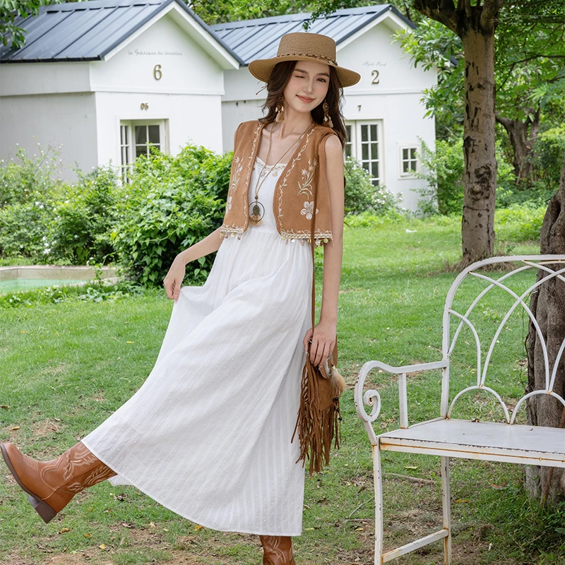 سترة براون مطرزة بالزهور مع شراشيب، سترة أنيقة للشارع والسفر والتصوير، سترة بنية اللون مع وسادات للكتفين، أزياء نسائية