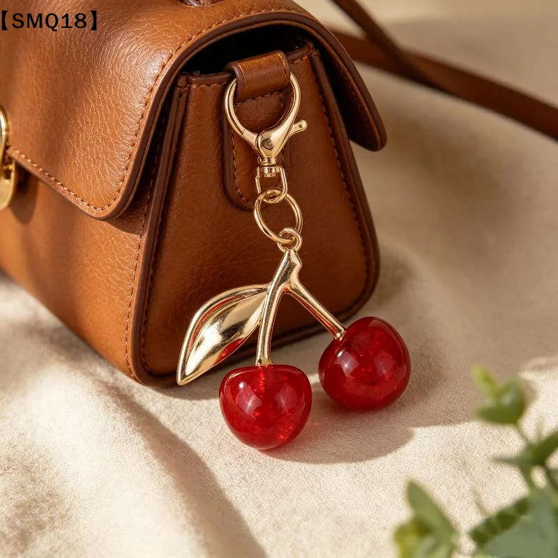 Glitter Resin Cherry Keychain Golden Hardware Lightweight Fruit Bag Charm Pendant for Outdoor Hanging Use