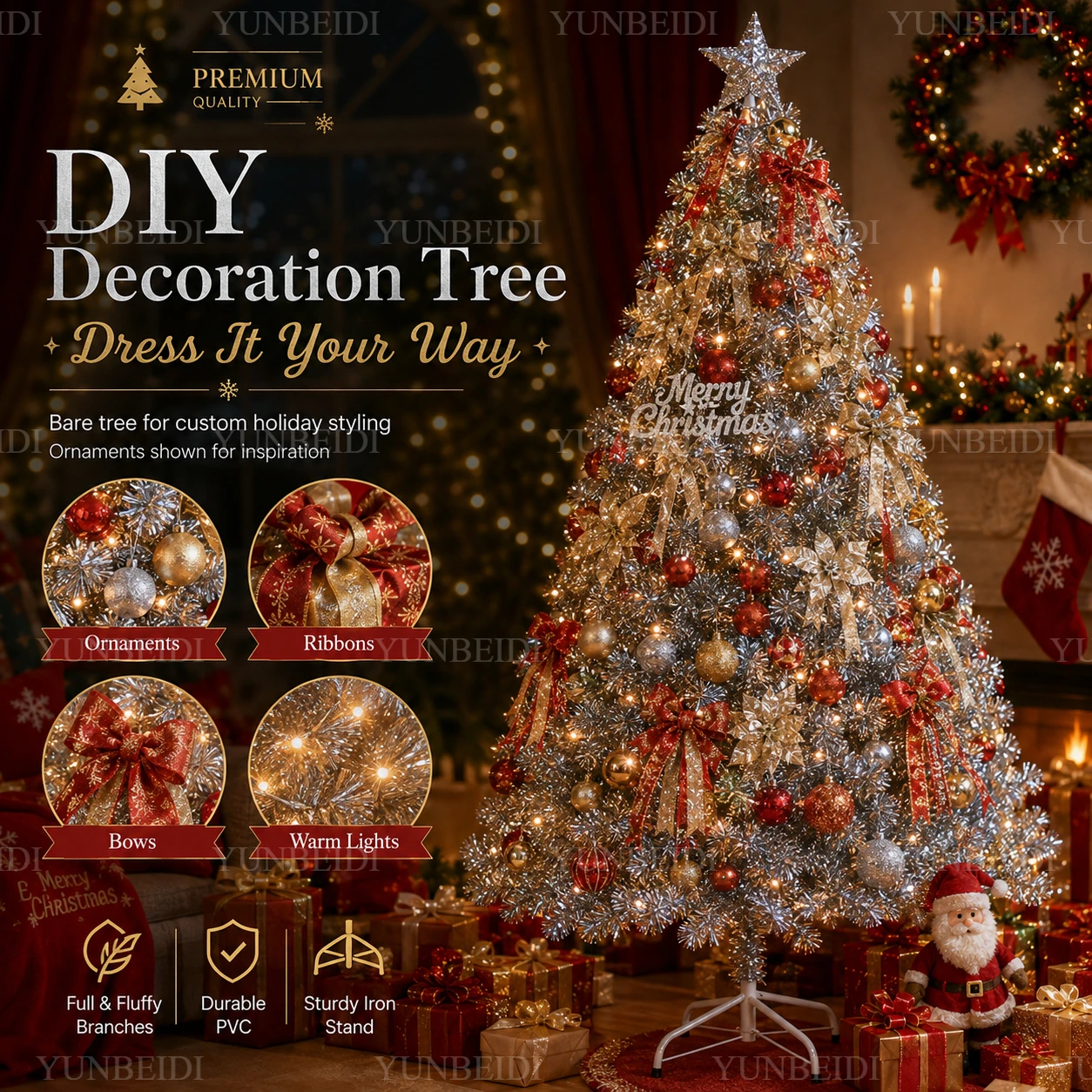 Künstlicher Silberner Weihnachtsbaum aus PVC, 120-240cm, Hochwertig mit Warmen LED-Lichtern, Weihnachtsbaum für DIY-Heimdekoration und Weihnachtsfeier