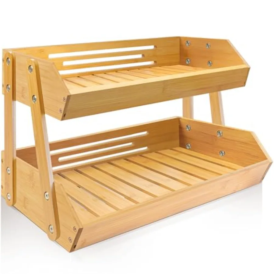 

[Upgraded Length] 16.5-Inch Fruit Stand Storage Holder with 4 Sturdier Legs 2-Tier Fruit Basket Bamboo Fruit Bowl Holder for Fr