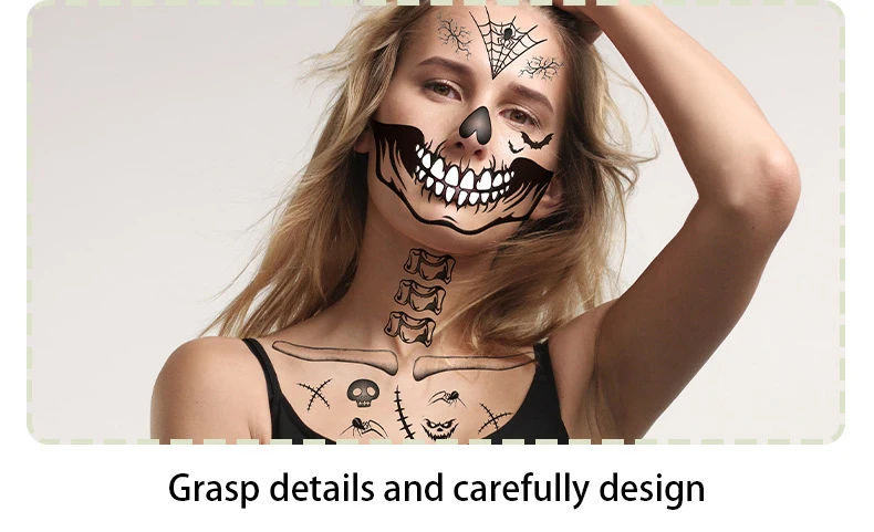 4PCS Sets Halloween Horror Skelett Gesicht Aufkleber Tattoo Temporäre Wasserdichte Teufel Maske Party Make-Up Kunst Gefälschte Tattoos Festival – Detail 2