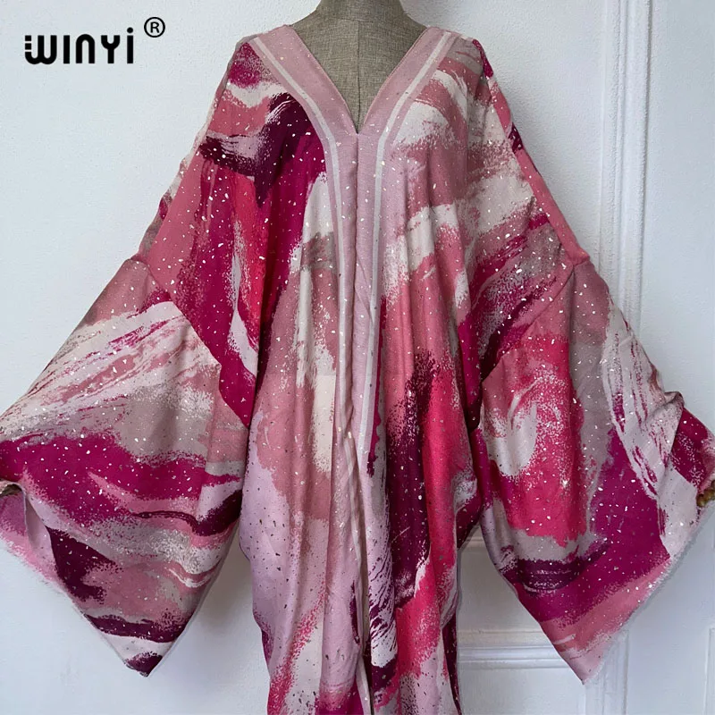 WINYI Elegant Muslim Kaftan Bronzing pink printing Fashion Muslim Abaya Dress for Women Fall Dubai Turkey Arabic Oman Caftan