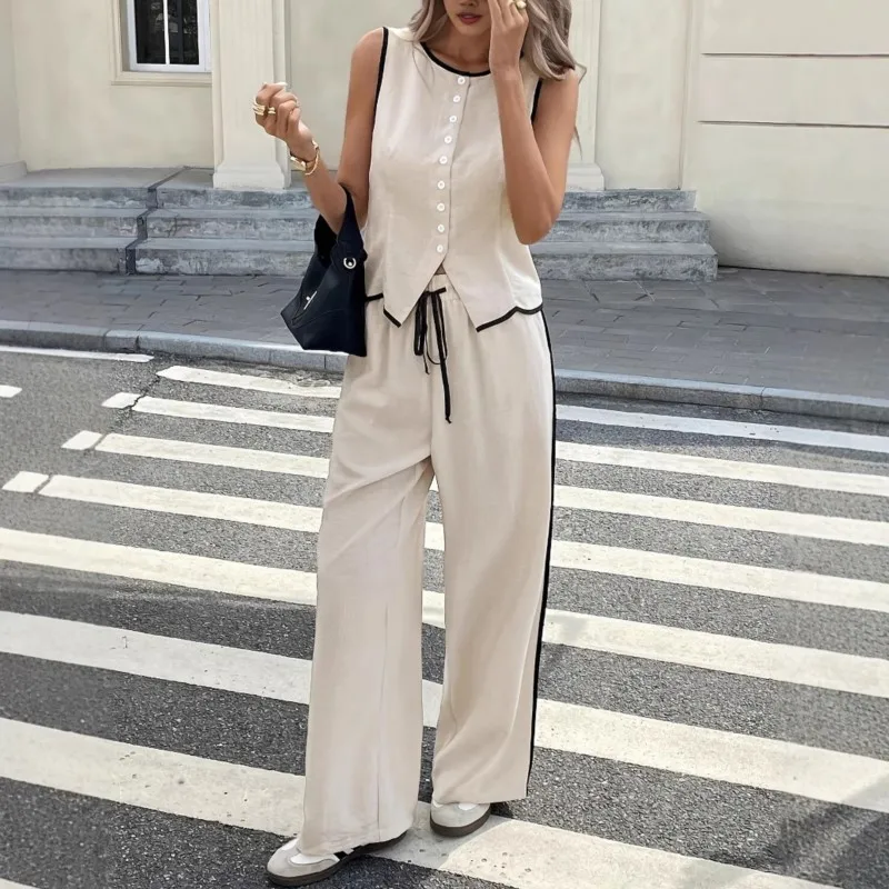 

Women Single Breasted Contrast Color Vest Pants Set Sleeveless Tank Top+ Drawstring Pants Matching 2 Piece Set New Casual Outfit