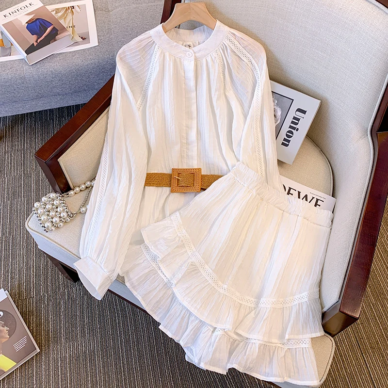 

Korea Women Short Skirt Suit Long Sleeve Hollow Out Blouse Top And Mini Skirt Two Piece Set Ladies Matching Outfit White Clothes