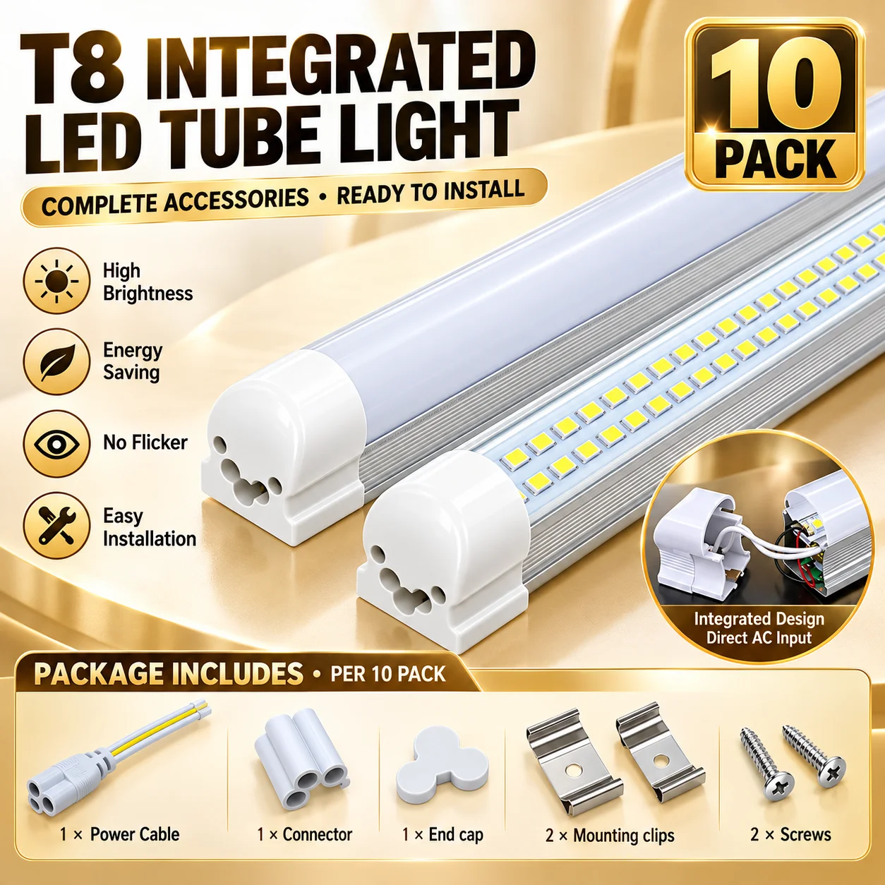 10Pcs T8 Integrated LED Tube Light Double Row 0.6m 1.2m 20W 36W Super Bright Garage Workshop Ceiling Shop Light AC85-265V