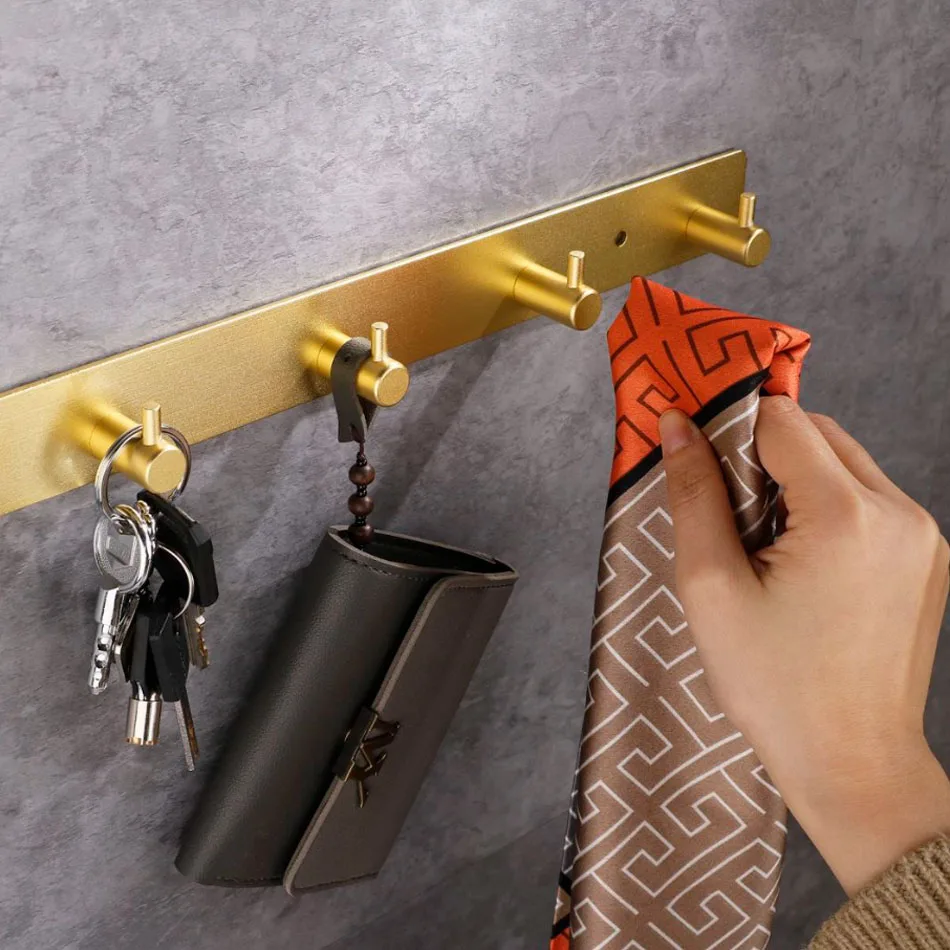 Matte Gold Bathroom Hook Adhesive Aluminum Creative Lavatory Wall Mounted 2 3 4 5 Robe Hooks Clothes Coat Towel Door Holder Rack