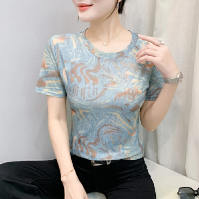 Fashion Vintage Geometry Printed Short Sleeved T-shirt For Women's Summer New Round Neck Casual Women Tees Clothing