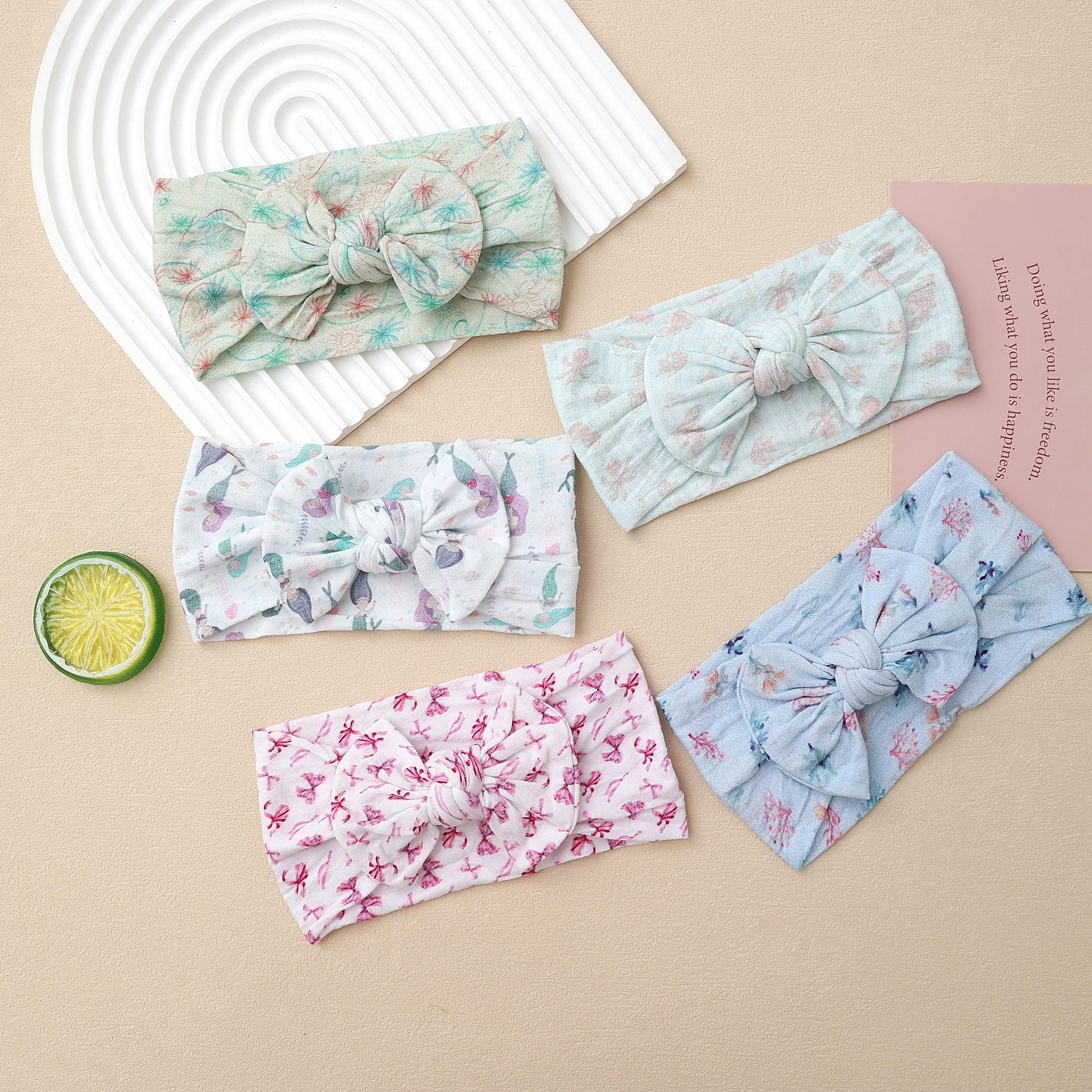 Mermaid Print Bowknot Hairband Handmade Nylon Headband Baby Kids Girls Bow Elastic Protect Turban Headwear Kids Hair Accessories