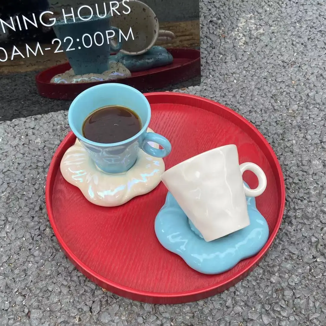 

Ins style coffee cup and plate set, Nordic blue sky and white cloud cup set, female couple coffee cup set
