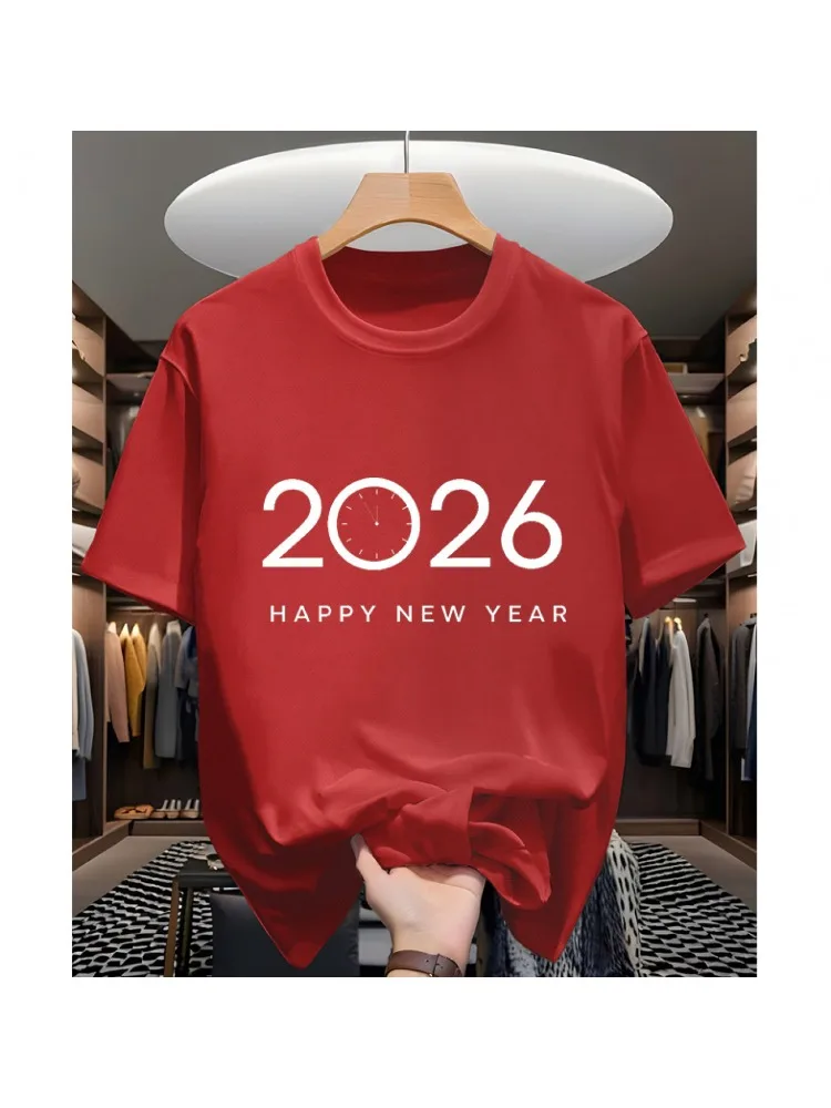 

Korean American Street Style Women's Short Sleeve T-shirt 2026 Printed and Happy New Year Korean Pattern Round Neck Casual Top