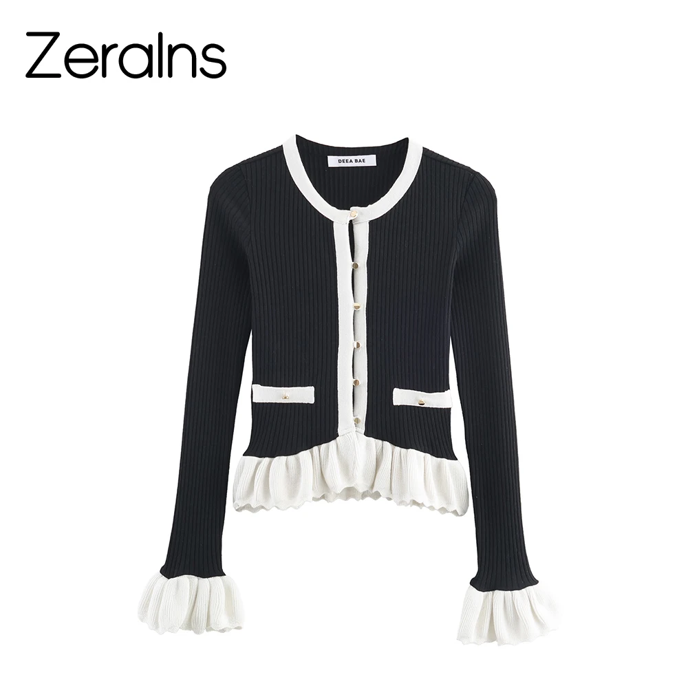 

ZERAINS 2025 Women's Autumn New Product Fashionable Sweet Round Neck Long Sleeve Contrast Knitted Splicing Coat