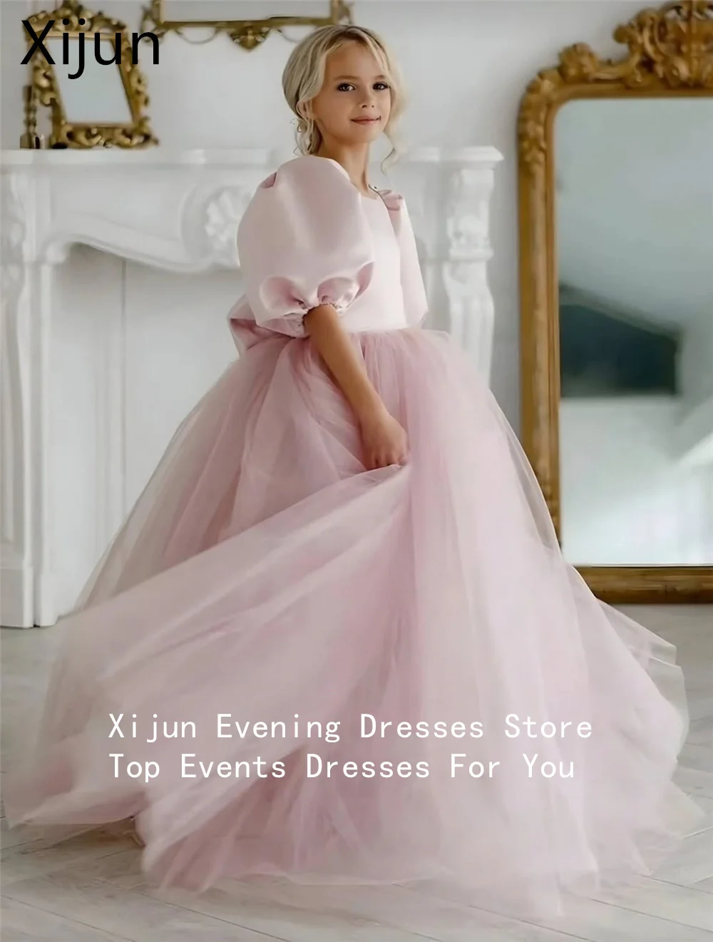 Xijun Exquisite Ball Girl Dresses Boat Neck Puff Sleeves Birthday Dresses Bow Backless Gown Party Dress 2026 Customized
