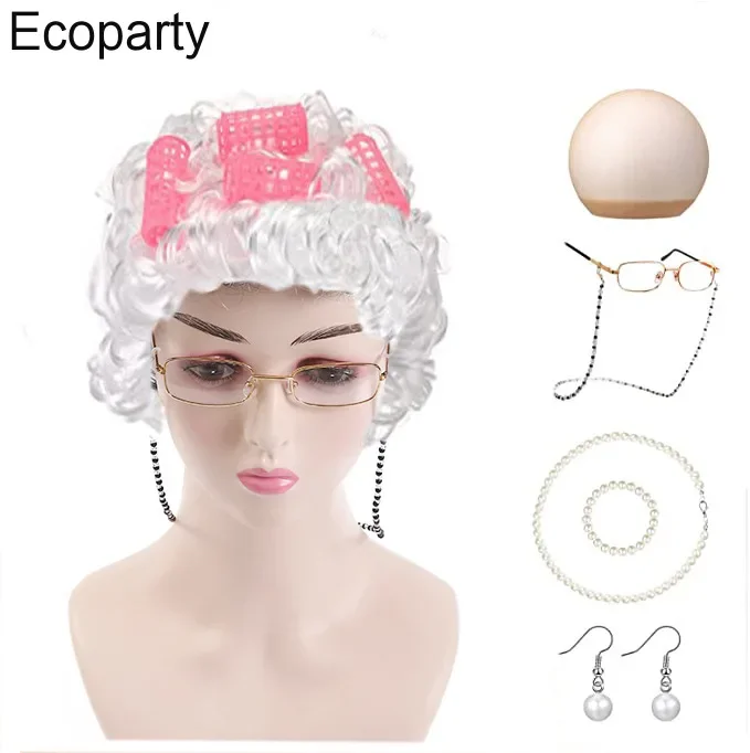 Grandma Wig Performance Cosplay Old Man Role-playing Suit Charter Wife Stage Props Short Curly Hair Silver Wigs Glasses Chain 20