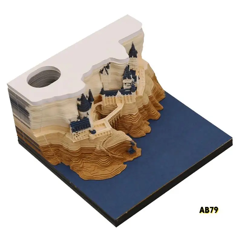 1 セット 3D 城カレンダー LED ライト付き紙彫刻アート卓上カレンダーマジックキャッスルウィークリーカレンダーメモ帳ペンホルダー