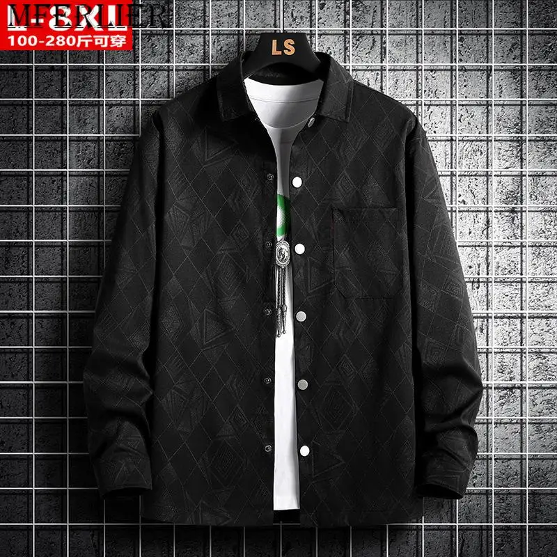 

Spring Autumn Hong Style Handsome Printed Square Neck Geometric Men Plus Size Loose Casual Shirt 8xl 135kg mens shirts