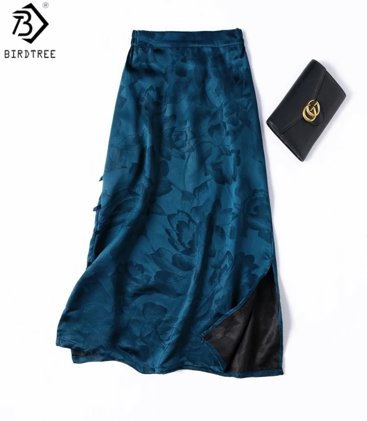 

Birdtree 45MM 100% Mulberry silk Peacock Blue Skirt,Women Jacquard Satin Side Slit Elastic Waist Dresses, 2025 New D57703JF