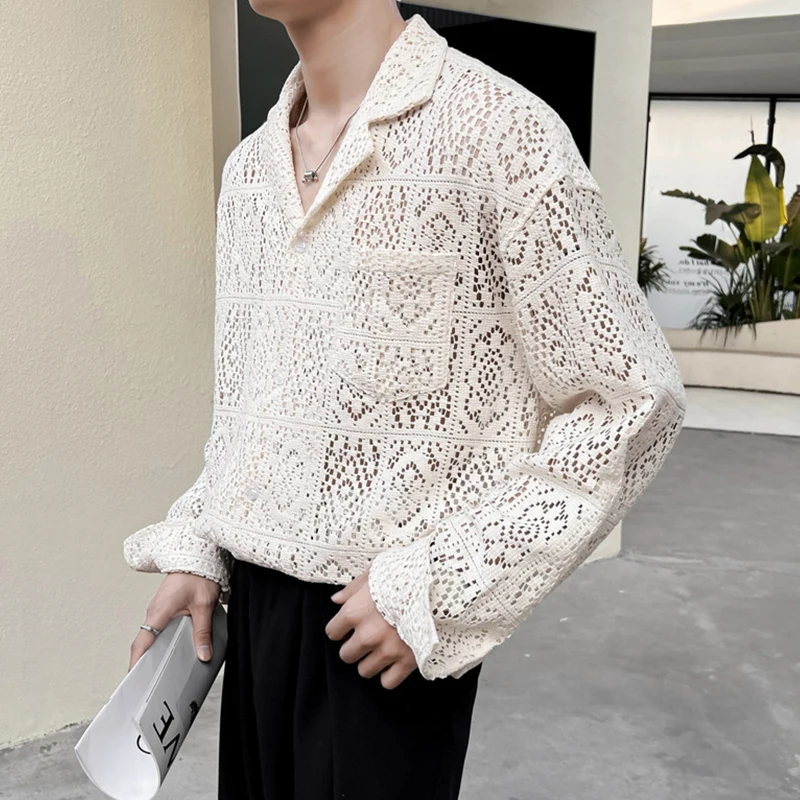 Luxury Shirts Men Transparent Mesh Lace Shirt Fall Long Sleeve Vintage Breasted Collar Shirts Fashion Embroidery Mens Streetwear