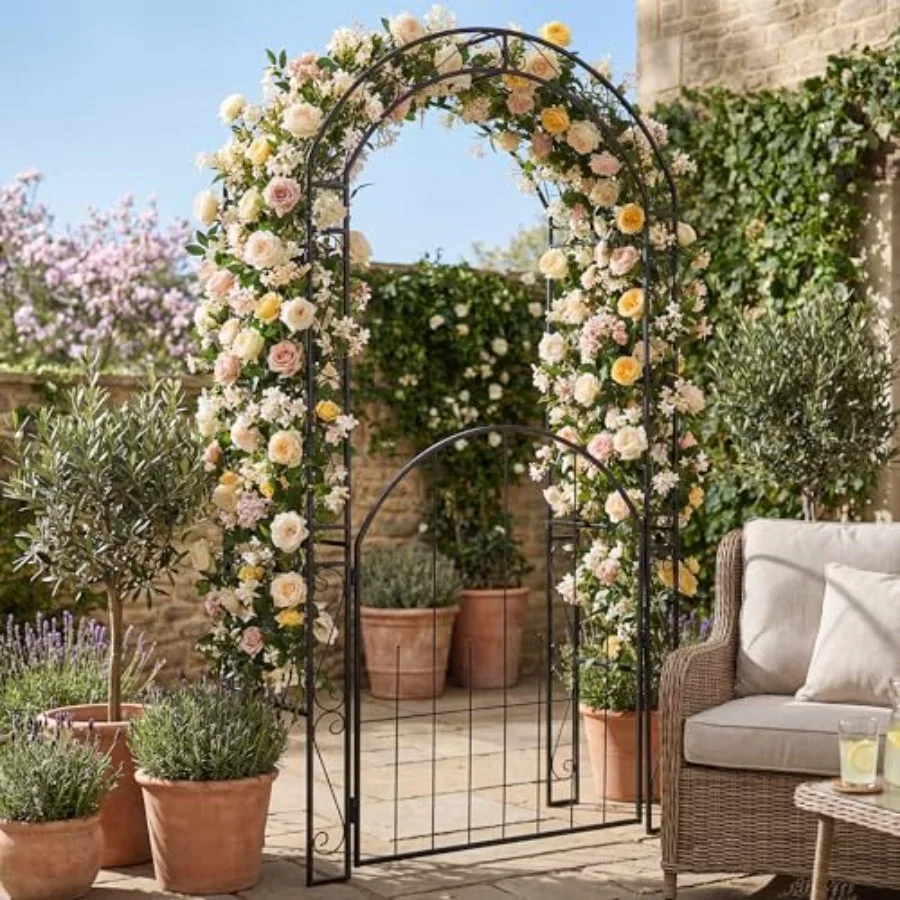 Garden arch for climbing plants, 84-inch height, metal construction, black color, rust-resistant finish