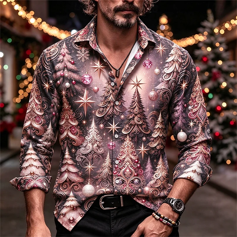 New men's shirt brown gold Baroque gold tree pendant ball star red fruit print slim fit trendy men's Christmas shirt